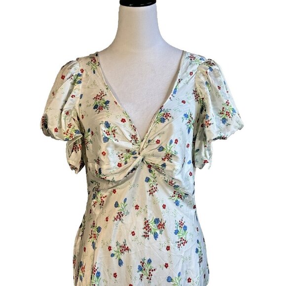 ASOS Floral Maxi Slip Dress Puff Sleeves Women's Size 8 Red Daisy Cottacore - Picture 2 of 15